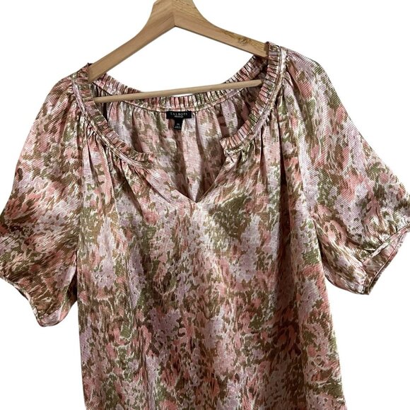 Talbots Blouse Size XL Pink Olive Printed Satin Sheen Notch V Neck Ruffle Trim - Picture 3 of 6
